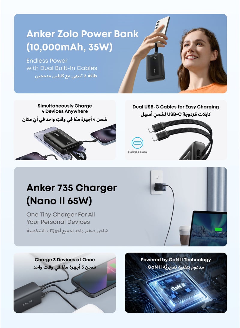 Anker Zolo Power Bank, 10,000mAh 35W Max Fast Portable Charger with Built-in dual USB-C Cables, USB-C&A, Battery Pack for iPhone 17/16 Series, MacBook, Galaxy (Black) & USB C Charger, 735 Charger (Nano II 65W), PPS 3-Port Fast Compact USB C Charger for MacBook Pro/Air, iPad Pro, Galaxy S24/S23, Dell XPS 13, iPhone 17/16/15, Huawei, Xiaomi, Redmi, Vivo, Oppo Bundle - Image 2